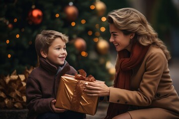 Obraz na płótnie Canvas woman holding a present and her son outdoors near a christmas tree