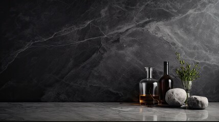 an empty grey marble tabletop set against a dark black cement stone background, creating a rustic mood and tone, the luxury background suitable for product displays.