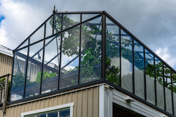 The black metal greenhouse is located on the second floor or on cottages veranda, terrace. Green...