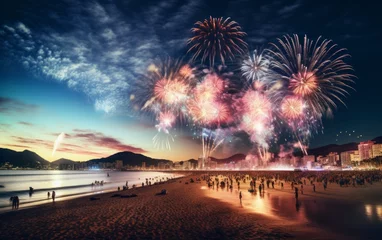 Cercles muraux Copacabana, Rio de Janeiro, Brésil Festive fireworks over Copacabana Beach during the carnival.