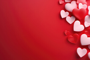White and red hearts on red background. Valentines day background. Flat lay, top view, copy space.