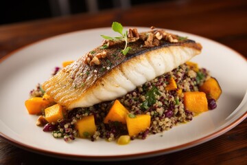 Pan-seared sea bass fillet with quinoa salad, roasted butternut squash and tangy cranberries.