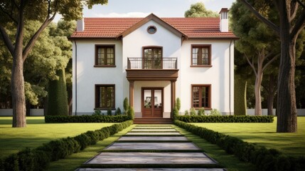 a classic cinnamon house with a green lawn sidewalk. Present the composition in a minimalist, modern style, emphasizing the charm and simplicity of the scene.