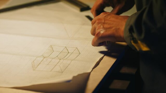 A male engineer works with drawings lying on a steel table in a dark workshop with full equipment, using a pen. Working indoors on new product prototype in metal manufactory. 4K