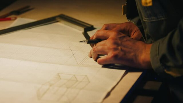 A male engineer works with drawings lying on a steel table in a dark workshop with full equipment, using a pen. Working indoors on new product prototype in metal manufactory. 4K