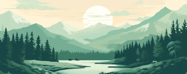 Fotobehang Flat illustration of a mountain landscape with silhouettes of mountains, hills, forest, sky and lake © artsterdam