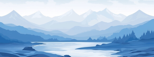 Fototapeta na wymiar Flat illustration of a mountain landscape with silhouettes of mountains, hills, forest, sky and lake