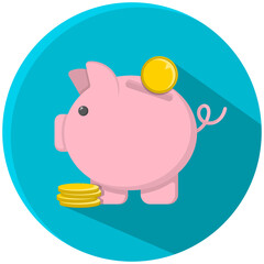 Vector image. Pink piggy bank with coins. Round blue background.