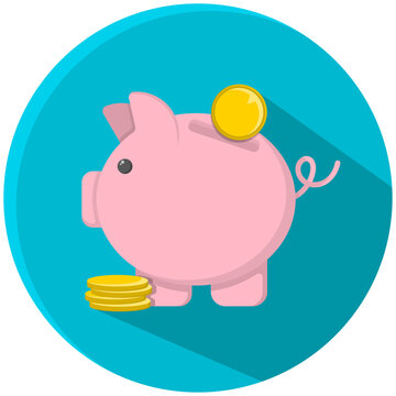 Vector image. Pink piggy bank with coins. Round blue background.