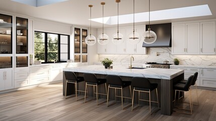 a kitchen in a new luxury home. Showcase a large waterfall island, stainless steel appliances, white cabinets, and hardwood floors, emphasizing a minimalist, modern style.