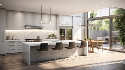 a kitchen in a new luxury home. Showcase a large waterfall island, stainless steel appliances, white cabinets, and hardwood floors, emphasizing a minimalist, modern style.
