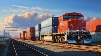 Obraz premium container cargo, featuring a freight train, the concept of business logistics, air cargo trucking, rail transportation, and maritime shipping.
