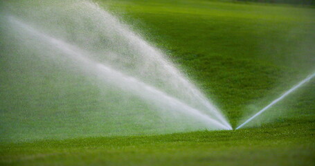 medium shot of grass sprinkler splashes water over the lawn