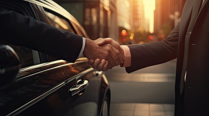 a businessman's hands and a chauffeur by a car door, the hand of a male person on a vehicle handle, emphasizing professional transport service. - obrazy, fototapety, plakaty