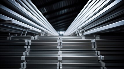 Silver Stacked Aluminium Profiles in Industrial Storage Rack for Factory Production Frame