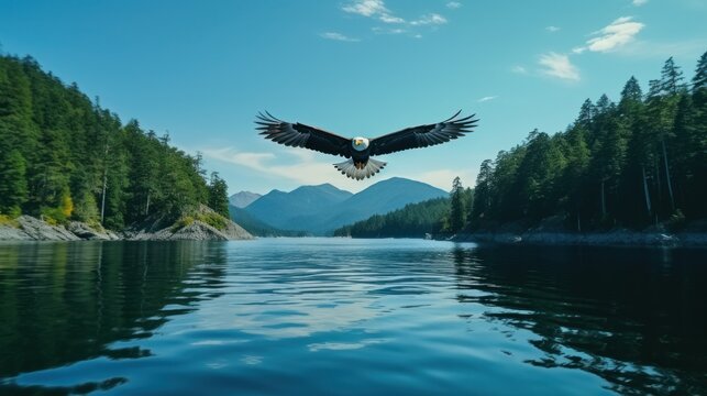 Spectacular Bald Eagle in Flight over Blue Sea near Alaskan Forest