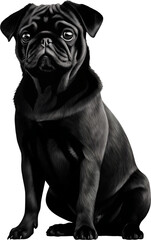 black Pug dog in standing pose and with somewhat unhappy facial expression