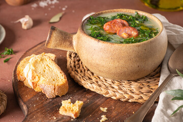 Caldo verde popular soup in Portuguese cuisine. Traditional ingredients for caldo verde are...