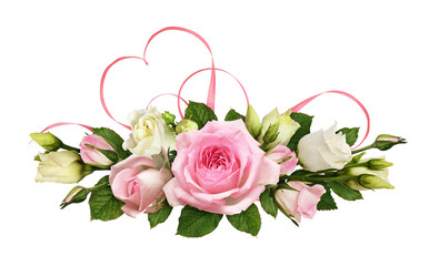 Pink roses and eustoma (Lisianthus) flowers with silk ribbon heart in a festive floral arrangement for Valentine Day isolated on white or transparent background