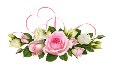 Pink roses and eustoma (Lisianthus) flowers with silk ribbon heart in a festive floral arrangement for Valentine Day isolated on white or transparent background