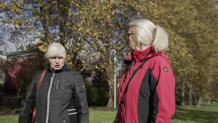 Senior Caucasian Sisters in Autumn Park Discussing and Arguing. Granny pissed off. Disputing, argument, controversy