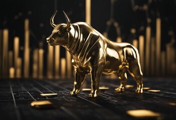 Golden bull financial infographics stock market award in gold and black color with copyspace