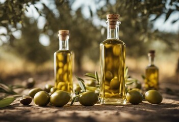 Obraz na płótnie Canvas Golden olive oil bottles with olives leaves and fruits setup in the middle of rural olive field