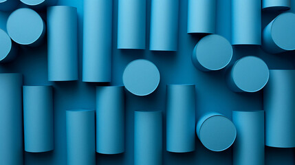 Artfully Arranged Blue Paper Rolls on a Matching Blue Background: A Creative Display of Color Harmony