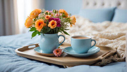 Fototapeta na wymiar Tray with a blue cup of coffee, vase with beautiful flowers on the bed in the room romantic
