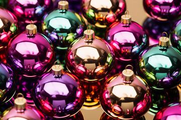 retro style glass christmas baubles pattern in vibrant pink, grass green, purple and gold colors,...