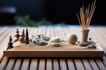Poster Im Rahmen Zen garden with stones, plants, sand. Spa therapie and meditation concept © netrun78