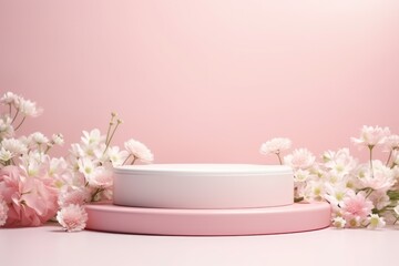 Product podium with spring flowers in pink pastel colors for product presentation. Mockup for branding, packaging - obrazy, fototapety, plakaty