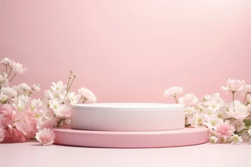 Foto op Canvas Product podium with spring flowers in pink pastel colors for product presentation. Mockup for branding, packaging © netrun78