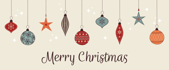 Merry Christmas - Schriftzug in englischer Sprache - Frohe Weihnachten. Weihnachtskarte mit bunten Christbaumkugeln.