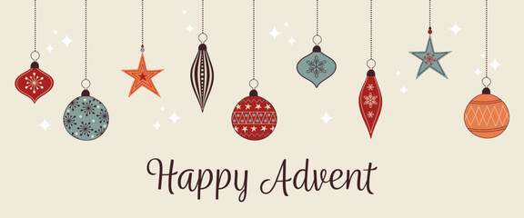 Naklejka premium Happy Advent - Schriftzug in englischer Sprache - Fröhlicher Advent. Grußkarte mit bunten Christbaumkugeln.