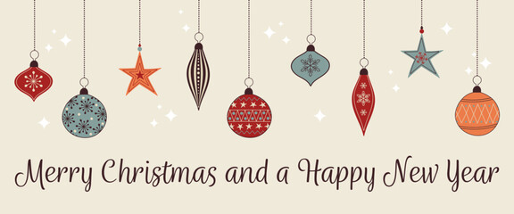 Merry Christmas and a Happy New Year – Schriftzug in englischer Sprache - Frohe Weihnachten und ein glückliches neues Jahr. Weihnachtskarte mit bunten Christbaumkugeln - obrazy, fototapety, plakaty