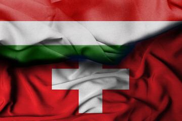 Hungarian flag illustration combines Swiss flag, satin texture waving decoration background. 3d illustration