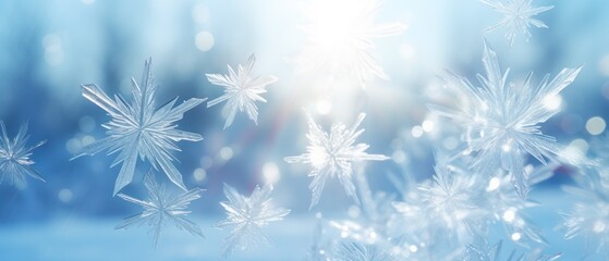 pure white snowflakes on glowing in the sunlight on light blue background