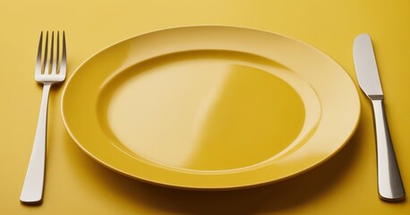 A plate, knife and fork set isolated on yellow background copy space background
