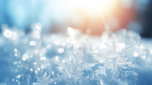 pure white snowflakes on glowing in the sunlight on light blue background