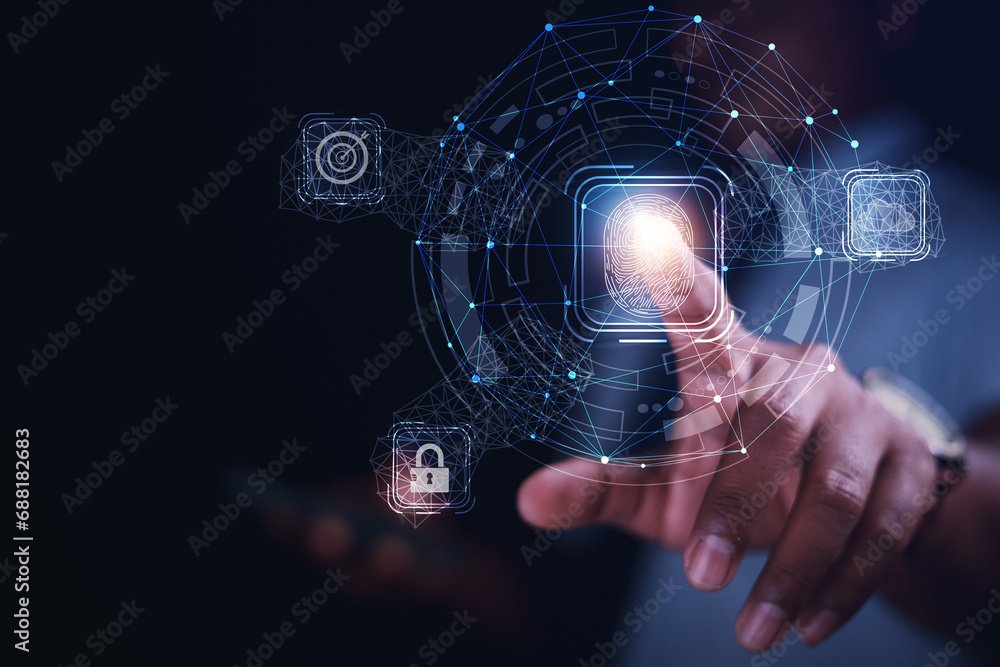 Poster anti-authentication concept, user login password or finger scanning, data security, personal data ac