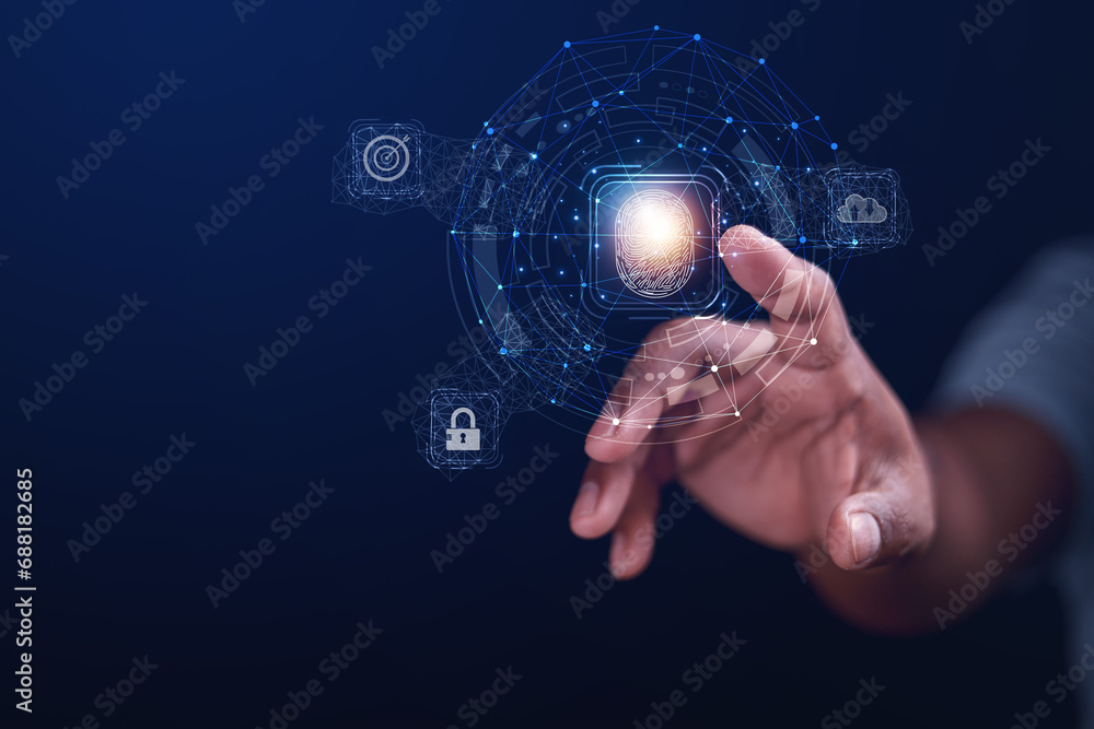 Poster anti-authentication concept, user login password or finger scanning, data security, personal data ac