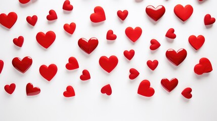 eye-catching stock photos featuring a top view arrangement of red hearts on a pristine white background. Ideal for conveying the essence of Valentine's Day