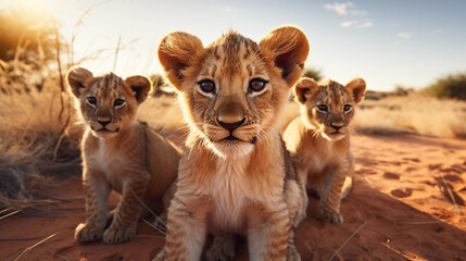 stockphoto, a group of young beautiful lion cubs curiously looking straight into the camera, ultra wide angle lens, front view. Portrait of wildlife in the wilderness of Africa. Environmetal theme. Wi