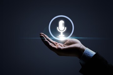 Voice recording concept. Man touching small microphone icon