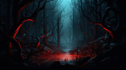 Dark forest with a stream. Generative Ai
