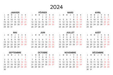 2024 french calendar. Printable, editable vector illustration for France. 12 months year calendrier. - obrazy, fototapety, plakaty