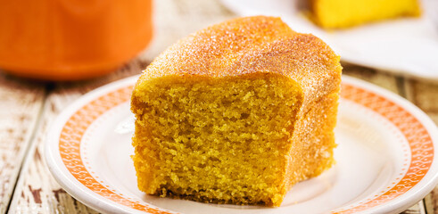 Brazilian cornmeal cake, yellow corn cake served at the June Festivals of Minas Gerais, served with coffee