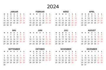 2024 german calendar. Printable, editable vector illustration for Germany. 12 months year kalender. - obrazy, fototapety, plakaty