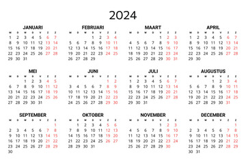 2024 dutch calendar. Printable vector illustration for Dutch. 12 months year kalender.